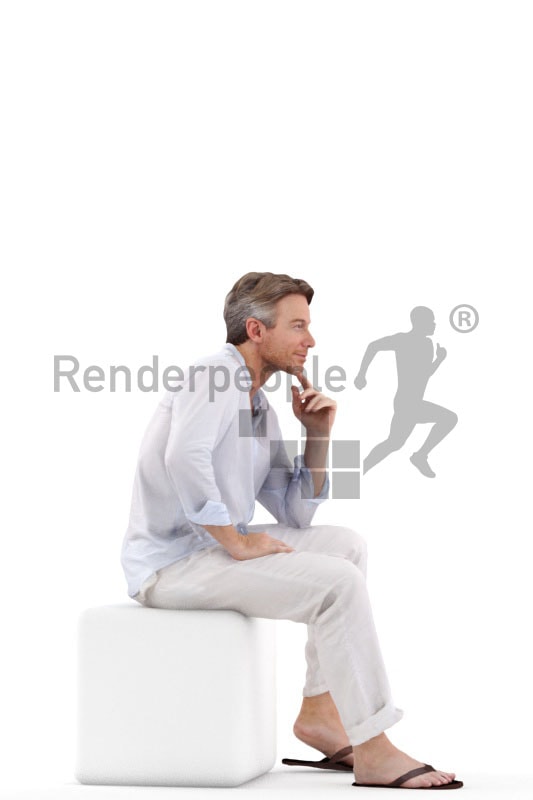 3d people casual, white 3d man sitting and thinking
