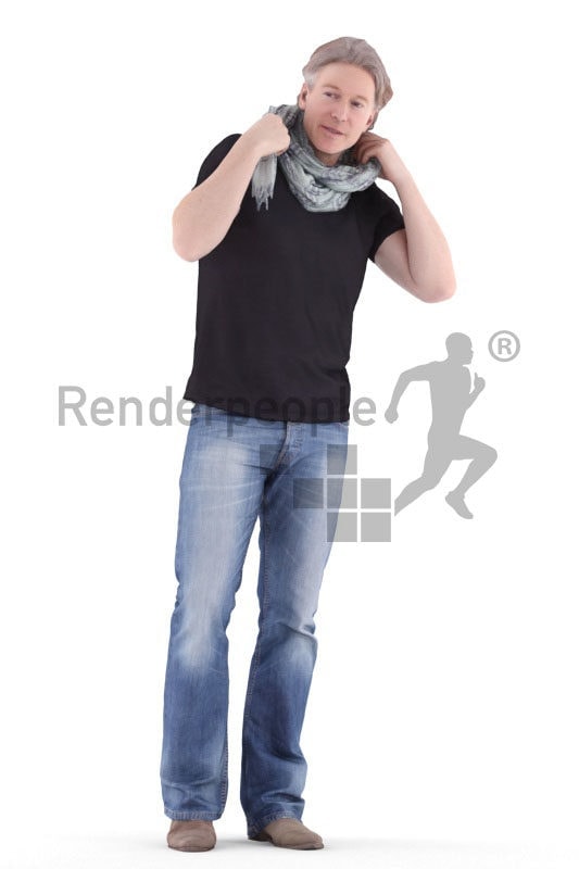 3d people casual, white 3d man standing and wearing scarf