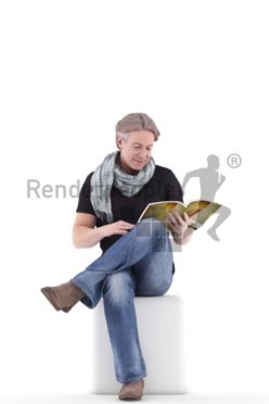 3d people casual, white 3d man sitting and reading