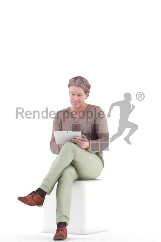 3d people casual, white 3d man sitting and browsing the web.