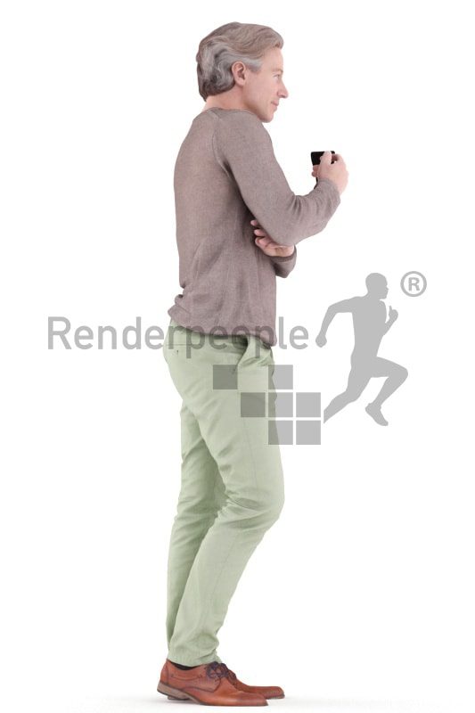 3d people casual, white 3d man standing and drinking coffee