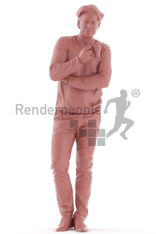 3d people casual, white 3d man standing and drinking coffee