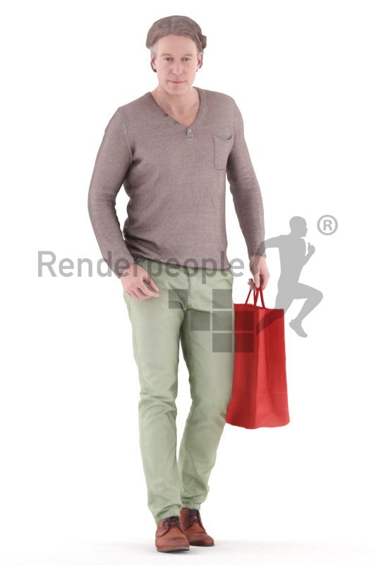 3d people casual, white 3d man walking and holding shopping bag