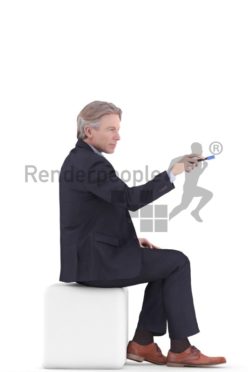 3d people business, white 3d man sitting and pointing