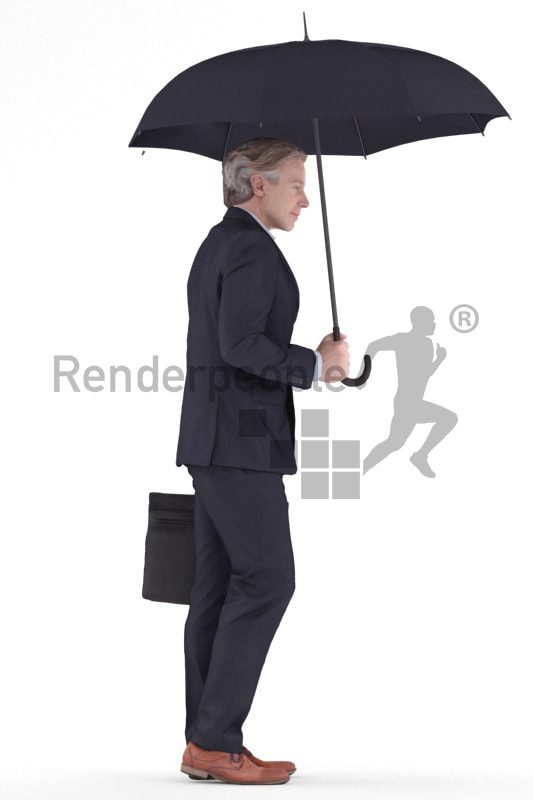 3d people business, white 3d man standing and holding an umbrella