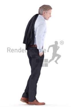 3d people business, white 3d man standing and holding jacket