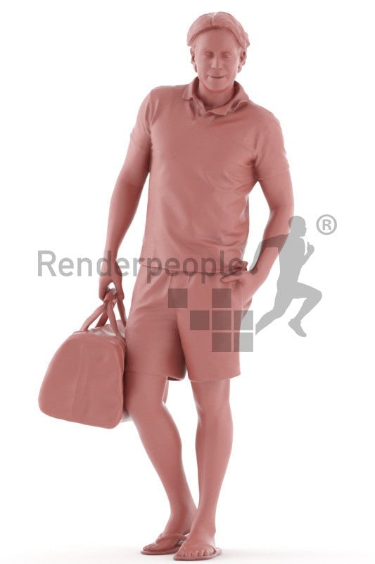 3d people casual, white 3d man walking and carrying a sports bag