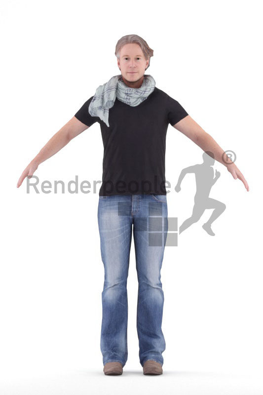 Rigged and retopologized 3D People model – middleaged european in casual outfit and scarf