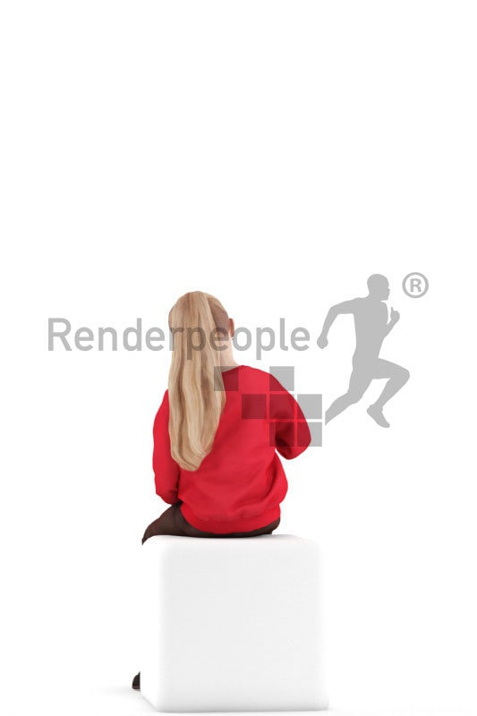 Photorealistic 3D People model by Renderpeople – little european girl, sitting and writing