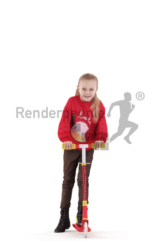 Photorealistic 3D People model by Renderpeople – little european girl on a scooter