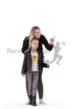 Posed 3D People model for visualization – european woman and girl, observing something