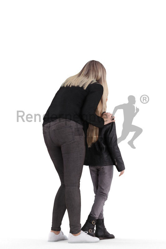Posed 3D People model for visualization – european woman and girl, observing something