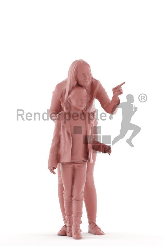 Posed 3D People model for visualization – european woman and girl, observing something