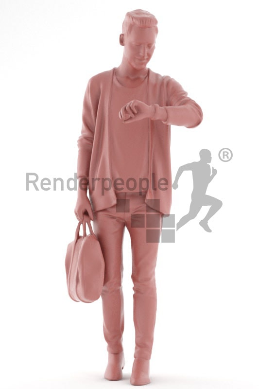 3d people casual, middle eastern 3d man checking his watch and carrying a bag