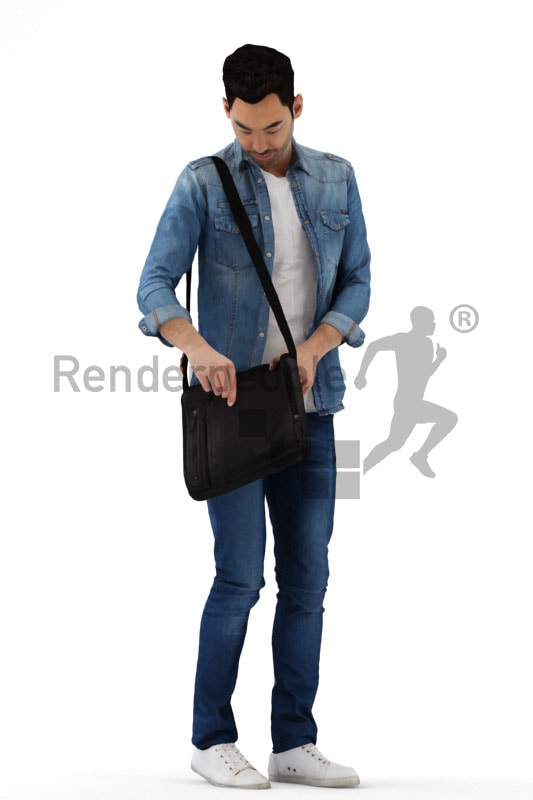 3d people casual, middle eastern 3d man standing and searching in his bag