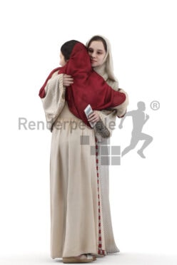 Photorealistic 3D People model by Renderpeople – two middle eastern females in traditional outfits, wearing headscarfs and hugging