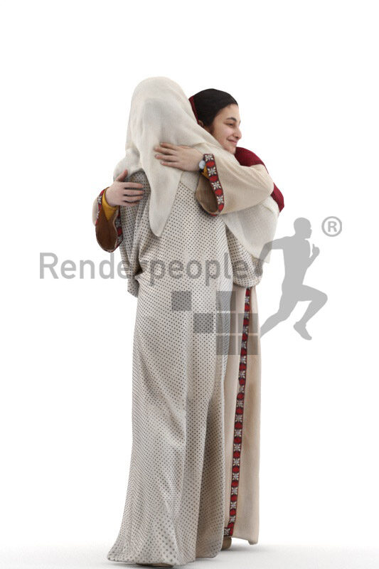 Photorealistic 3D People model by Renderpeople – two middle eastern females in traditional outfits, wearing headscarfs and hugging