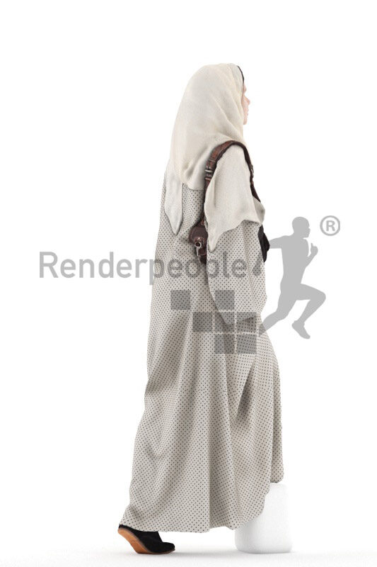 Posed 3D People model for visualization – middle eastern woman in traditional outfit, wearing headscard, walking upstairs with shopping bag