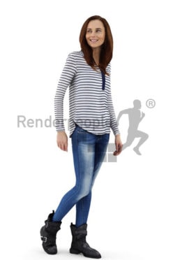 3d people casual, white 3d woman walking and smiling