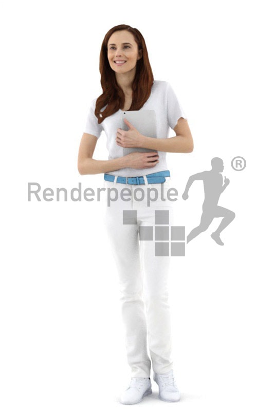3d people service, white 3d woman holding a tablet