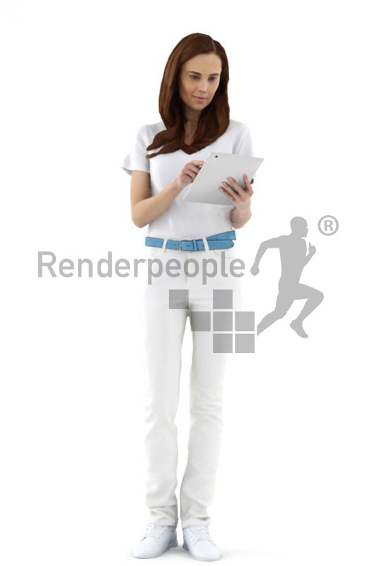 3d people service, white 3d woman using a tablet
