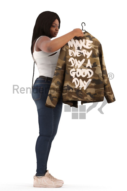 3d people standing, black 3d woman looking at a retail jacket