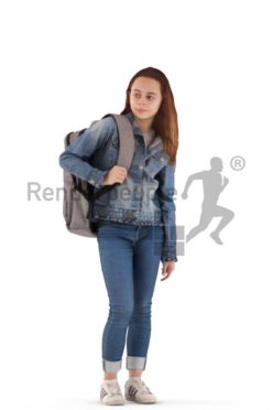 3d people casual, white 3d kid standing with her bagpack