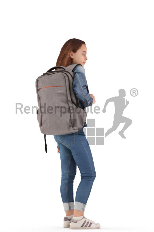 3d people casual, white 3d kid standing with her bagpack