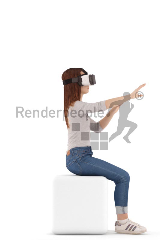 3d people casual, white 3d kid sitting, playing with vr goggles