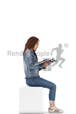 3d people casual, white 3d kid sitting, reading