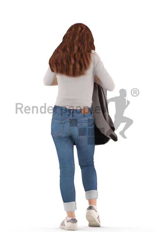 3d people casual, white 3d kid standing searching in her backpack