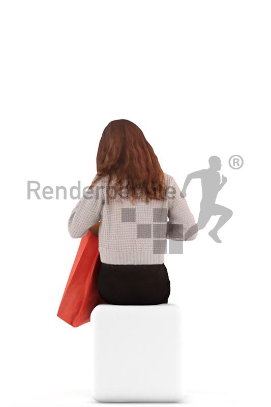 3d people casual, white 3d kid sitting an looking in her shopping bag