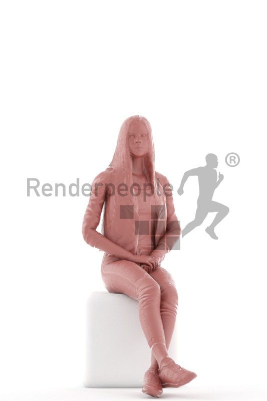3d people casual, animated woman sitting and idling