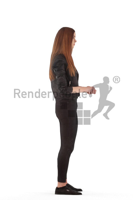 Animated 3D People model for realtime, VR and AR – european teenager girl in casual leather jacket, standing and talking