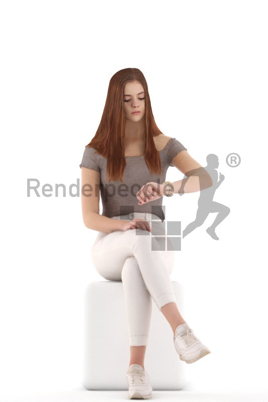 3d people kids, white 3d child sitting looking at her watch