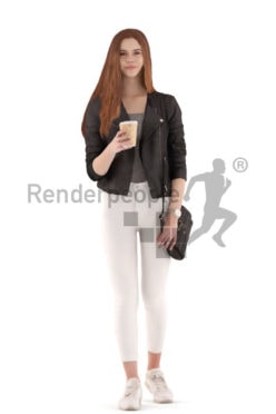 3d people kids, white 3d child walking and drinking coffee