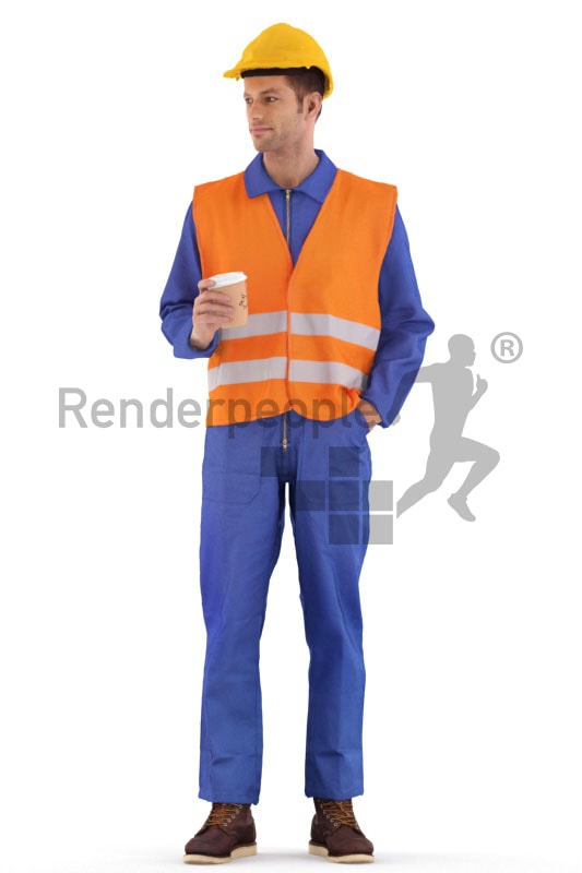 3d people service, 3d worker standing and holding a cup of coffee