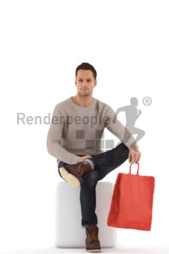 3d people casual, jung man sitting with a shopping bag