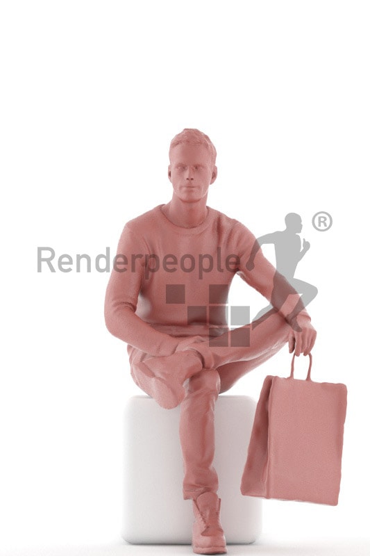 3d people casual, jung man sitting with a shopping bag