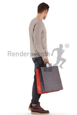 3d people casual, jung man standing, waiting with a shopping bag