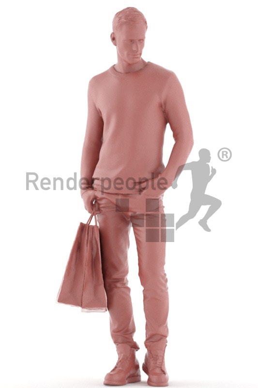 3d people casual, jung man standing, waiting with a shopping bag