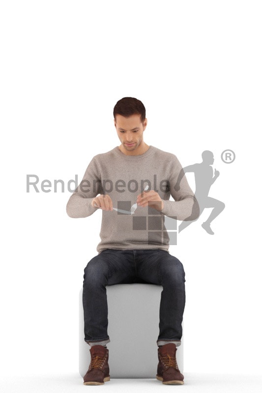 3d people casual, jung man sitting and eating with fork and knife