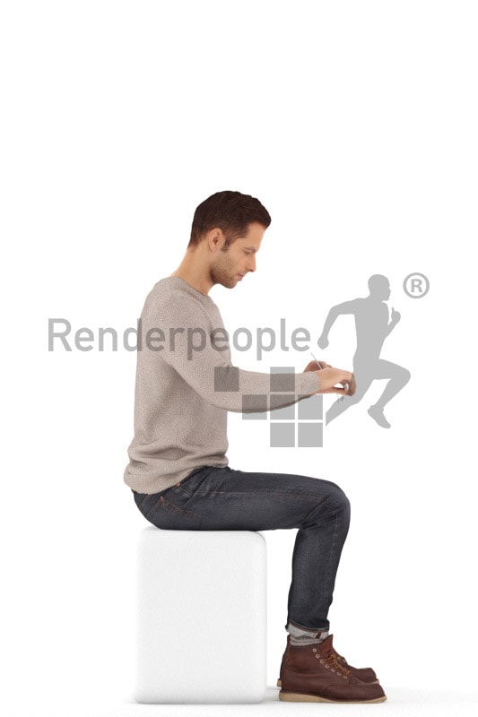 3d people casual, jung man sitting eating and knife