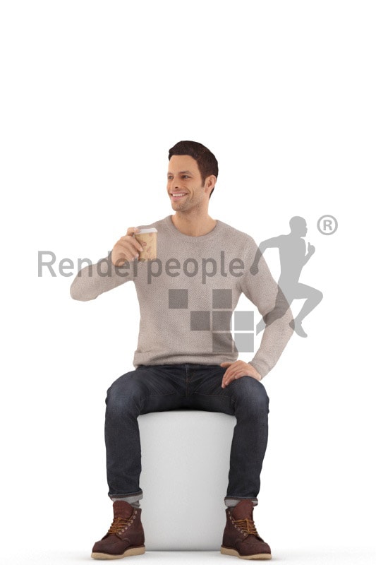 3d people casual, jung man sitting and drinking coffee