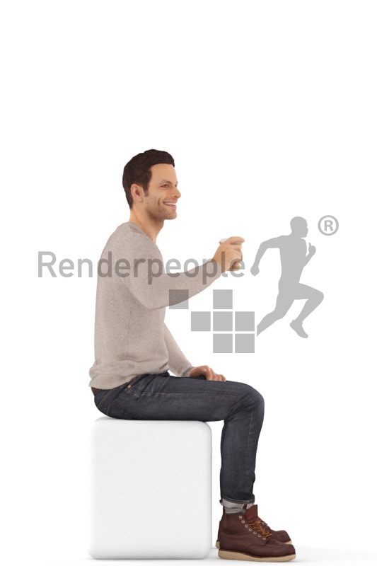 3d people casual, jung man sitting and drinking coffee