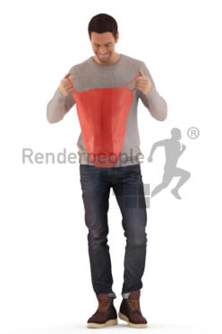 3d people casual, young man standing and looking into shopping bag