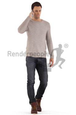 3d people casual, young man walking with mobile phone