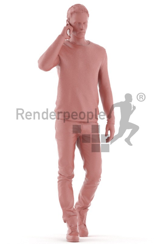 3d people casual, young man walking with mobile phone