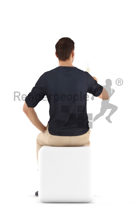3d people casual, young man sitting and holding glass