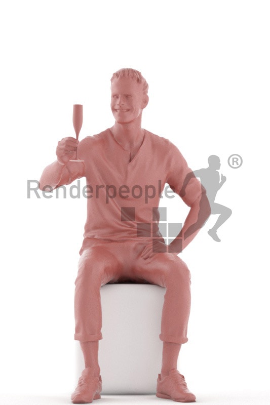 3d people casual, young man sitting and holding glass